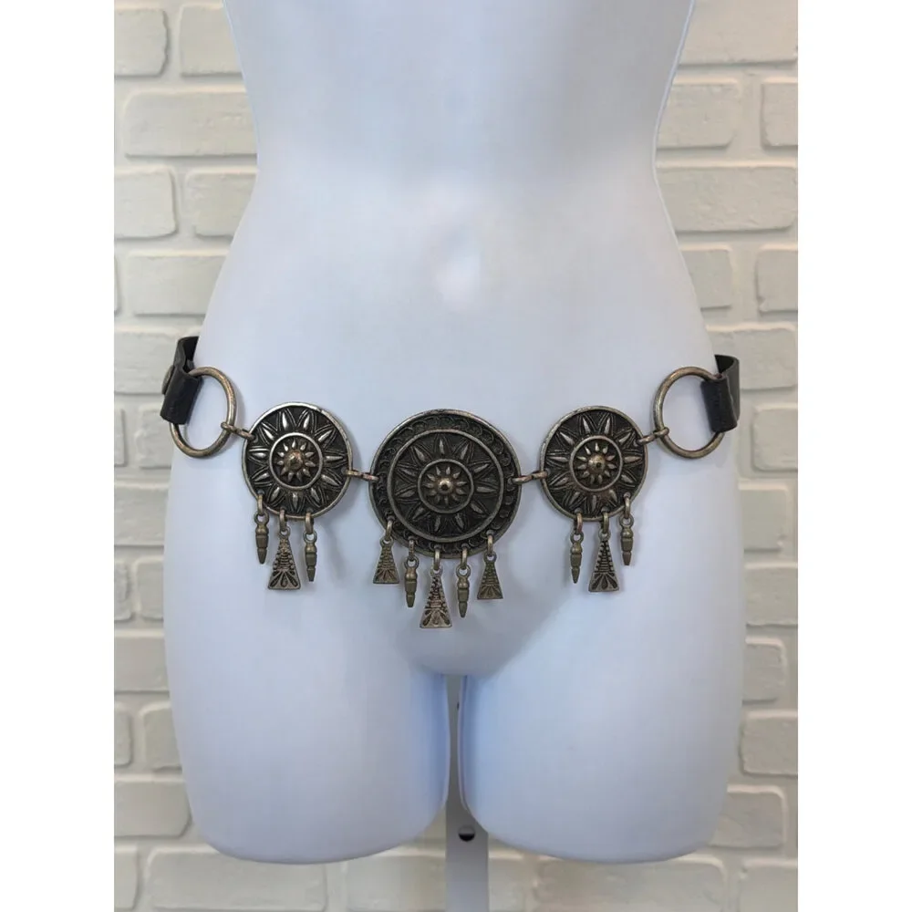 Chico's Western Concho Medallion Belt Black Silver S/M